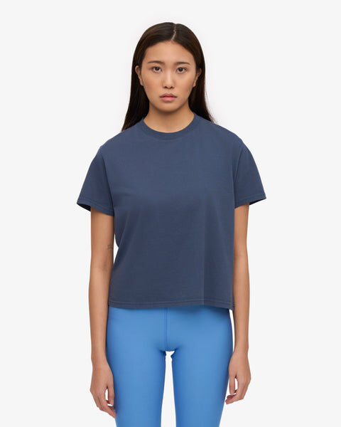 Organic Boxy Crop Tee - Petrol Blue